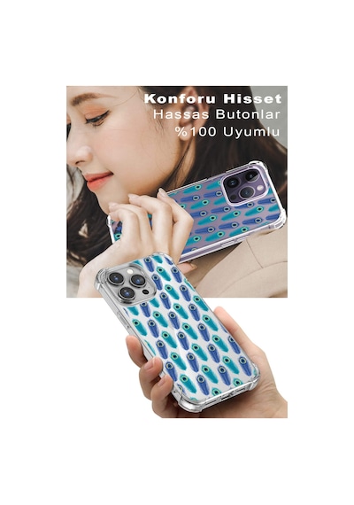 Prinrify Samsung Galaxy J6+ Plus Uyumlu Nazar Boncuğu 4 Baskılı Şeffaf Köşe Korumalı Antişok Kılıf