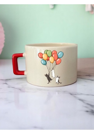 Balonlu Kedi Baskılı 3'lü Seramik Kupa Bardak Beyaz