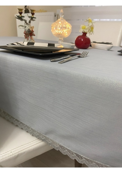 Dantel Detaylı Simli Dertsiz Masa Örtüsü Gri