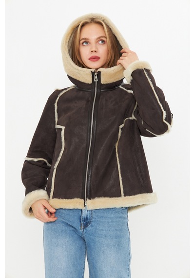 M M Marki Marki Hakiki Nubuk Deri Kapüşonlu Oversize Kadın Mont - İçi Kürklü - Kahverengi 65 Cm - 115522 Nubuk Kahverengi
