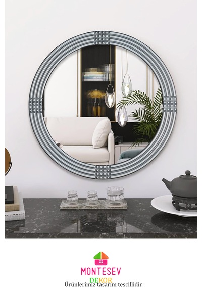 Safir Ahşap Gümüş Yuvarlak Ayna Işlemeli Duvar Banyo Aynası 43 Cm GÜMÜŞ