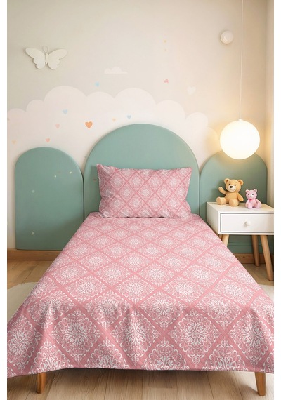 Pembe Damask Geometrik Tek Kişilik Pike Takımı - Beyaz Retro 160x220 Cm Kapitone Yazlık Yatak Örtüsü Çok Renkli