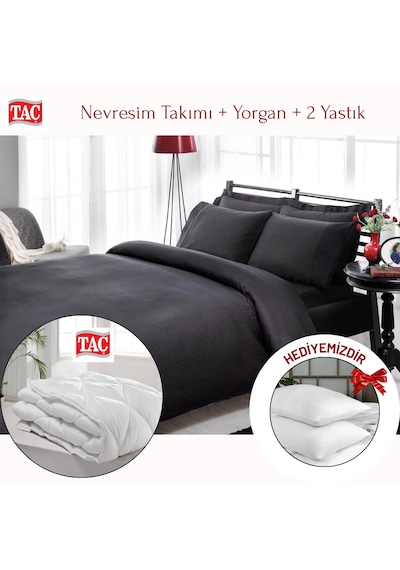 Taç Çift Kişilik Premium Basic Stripe Saten Nevresim Takımı Yorgan Yastık Siyah