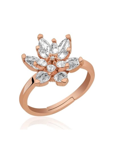 Gümüş Rose Beyaz Taşlı Lotus Çiçeği Yüzük Gümüş