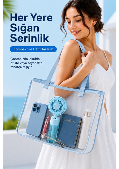 Taşınabilir Şarjlı Su Püskürtmeli 3 Kademeli Mini El Fanı Mavi
