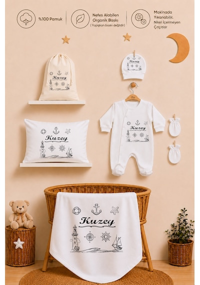 Pia Baby İsme Özel Hastane Çıkışı %100 Pamuk Erkek Bebek Organik Baskılı Tulum Set Keseli Hediyelik 2070tybk0x Krem
