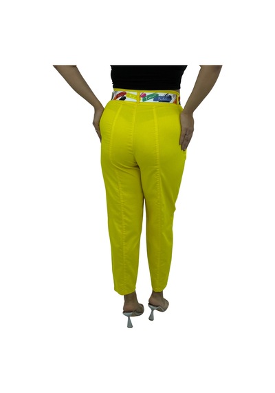 Büyük Beden Mom Kemerli Yüksek Bel Kadın Pantolon Sarı