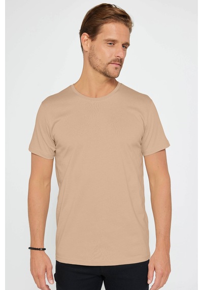 Tudors Unisex Slim Fit Dar Kesim %100 Pamuk Yumuşak Dokulu Vizon Renk Bisiklet Yaka Tişört-31792 Vizon