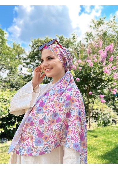 Moda Kaşmir Flora Desen Bambu Eşarp Mavi-somon