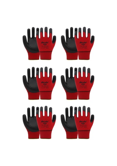 Pn2 Polyester Örme Nitril Eldiven - 6 Çift - Iş Eldiveni Kırmızı Tr