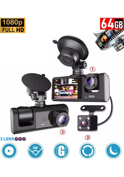 64gb Araç İçi Kamera 3 Kameralı Yol + Araç İçi+ Arka Fhd Video Kayıt Mikrofonlu Türkçe Cc-33