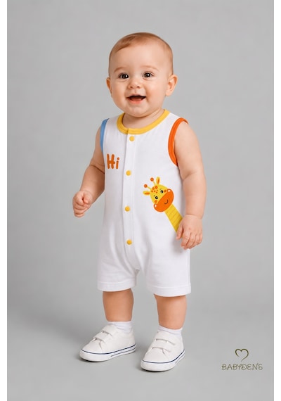 Babyden's Erkek Bebek Tulum Yazlık Pamuklu Şortlu Çıtçıtlı Zürafa Baskılı Bebek Tulumu Yenidoğan Bebek Giyim 0-9 Ay Beyaz