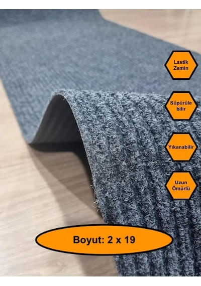 Gri Çelik Halı, Yolluk, Lastik Tabanlı, 2x19 Metre, Kaydırmaz Gri