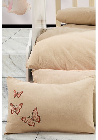 Kelebek Nakış İşlemeli Natural Keten Fırfırlı Bebek Nevresim Takımı Bej - 786785424 Bej