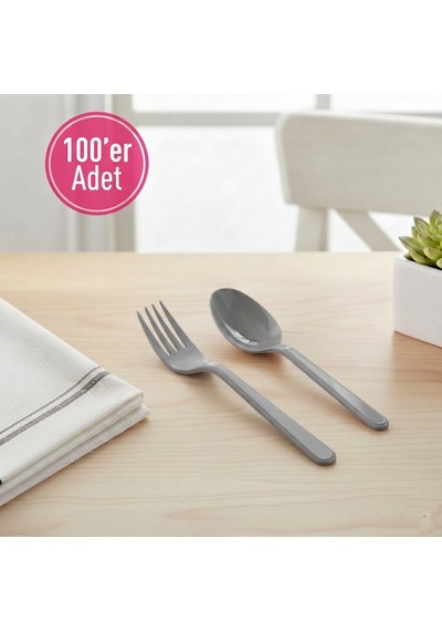 100 'er Adet Gri Plastik Lüx Çatal Ve Kaşık Seti