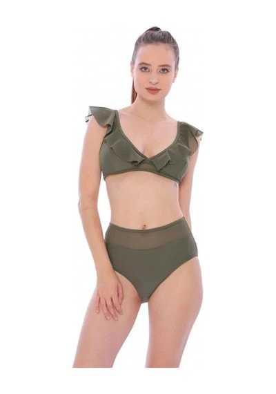 Markahit Argisa Düz Fırfırlı Yüksek Bel Yeni Bikini Haki
