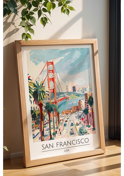 Abd San Francisco Temalı Çerçeveli Tablo Travel Serisi Modern İllüstrasyon Şehir Duvar Dekoru Kayın