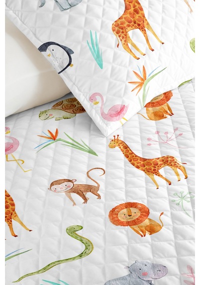 Evimde Bambaşka Safari Turuncu Çocuk Odası Tek Kişilik Pike Takımı-sevimli Hayvanlı 160x220  CM Kapitone Yatak Örtüsü