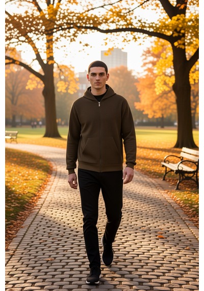 Benerly Erkek Bisiklet Yaka Standart Kol Fermuarlı Dokulu Sweatshirt Fonk Haki