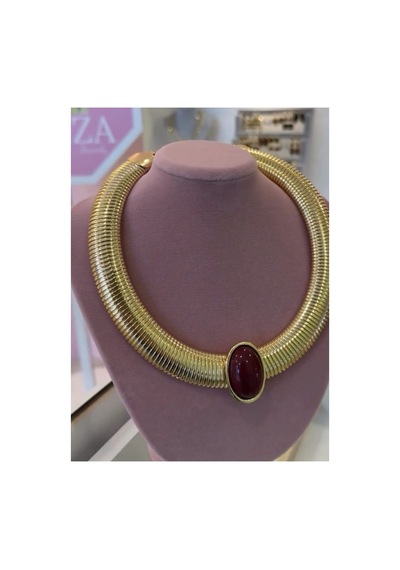 Lunarie Kalın Choker Kolye 14k Gold İri Oval Bordo Taşlı Vintage Altın