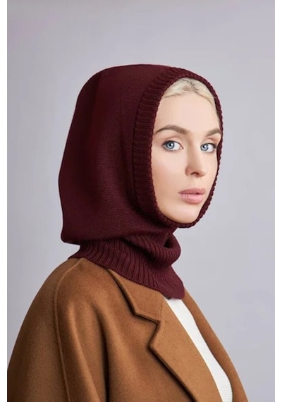 Külah Balaclava Kadın Triko Kar Maskesi Bere Boyunluk Bordo Bordo Standart