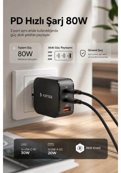 80w Üç Portlu Usb-c Girişli Akıllı Hızlı Şarj Adaptörü
