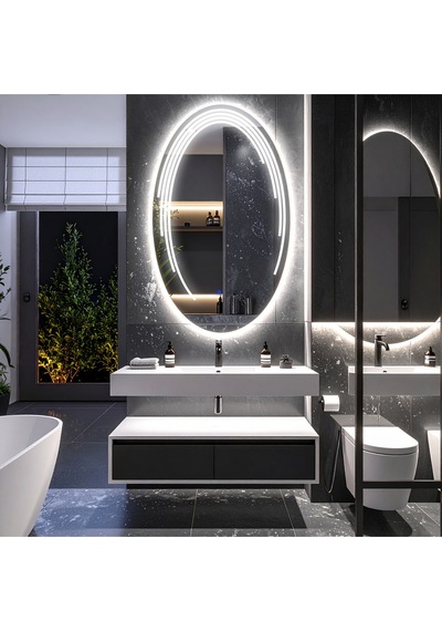 Elliptika Beyaz Led'li Lazer Kumlamalı Lavabo & Banyo Aynası Dokunmatik Sensörlü 55 X 90