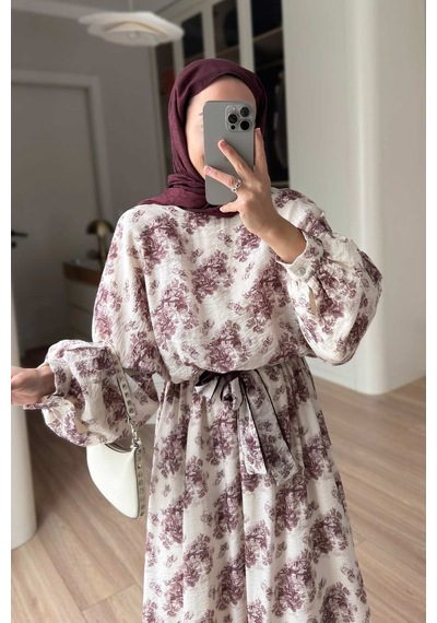 Kahijab Çiçek Desenli Yarasa Kol Astarlı Elbise - Bordo