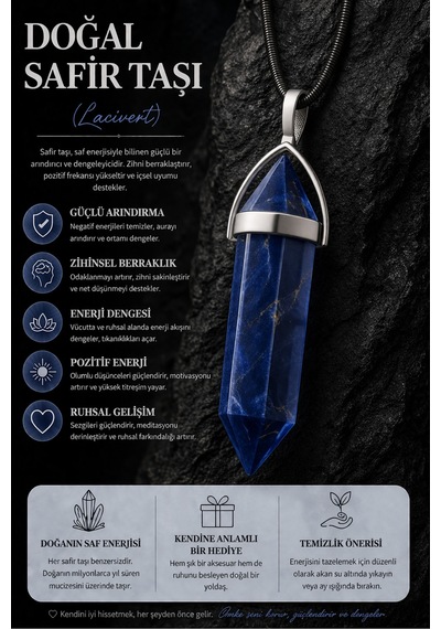 Doğal Lacivert Taşlı Kolye Safir Kristal Uçlu, Şık Ve Enerji Taşı Kolye Diğer