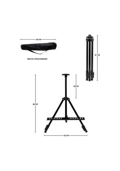 Temel Katlanabilir Metal Tripod Şövale - Ayarlanabilir, Taşıma Çantalı, Siyah