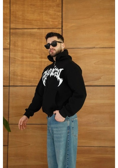 Valensdesign Erkek Kapüşonlu Sweatshirt Hoodie 3 İplik Şardonlu Pamuklu Kumaş, Önü Baskılı, Fermuarlı Rahat Kalı Siyah