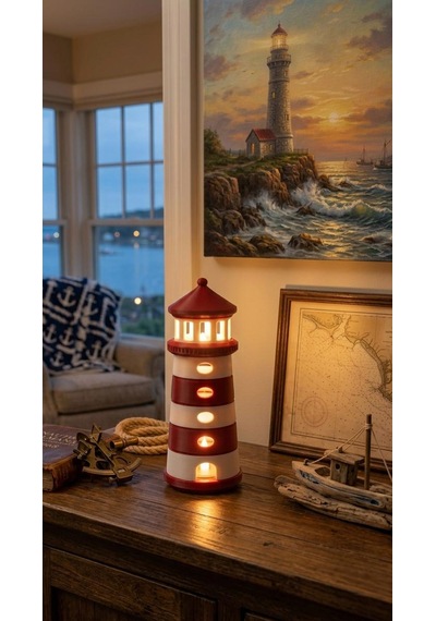 Dekoratif Tasarım Deniz Feneri Tealight - Kırmızı Beyaz Çok Renkli