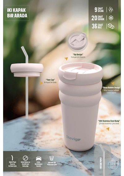 Stevig 3 Bubble Two-cap Straw Tumbler Çelik Termos 600 Ml Lightest Sky St-247 Su Yeşili