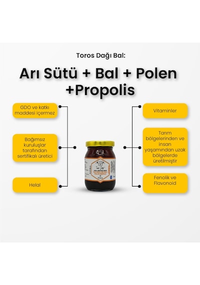 Toros Dağı Ham Bal + Arı Sütü + Polen + Propolis Karışım Balı 225 G E