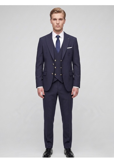 Erkek 3 Parça Slim Fit Takım Elbise Kruvaze Yelekli Modern Kesim Şık Takım Lacivert
