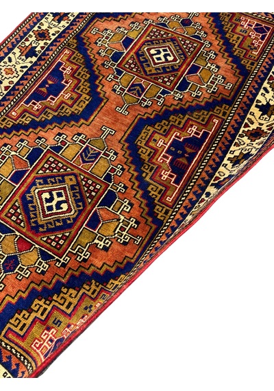 El Dokuma Sıfır Kafkas Halısı 102x160 Kiremit Lacivert Kök Boya Yün Halı Renkli