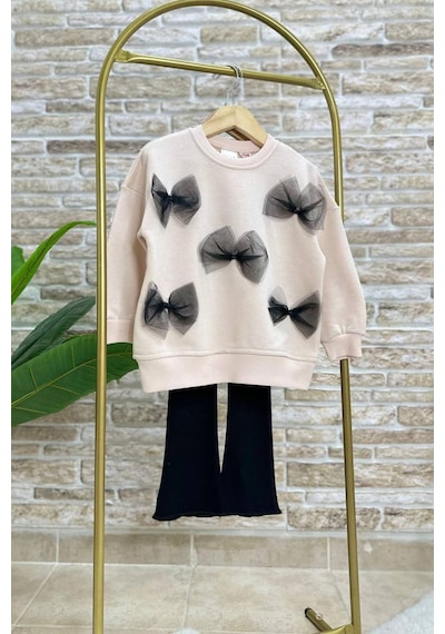 Yumuşak Pamuklu Kumaş Tül Fiyonk Aplikeli Sweatshirt Ve Fitilli İspanyol Paça Tayt Alt Üst Takım Taş Yumuşak Pamuklu Kumaş Tül Fiyonk Aplikeli Sweatshirt Ve Fitilli İspanyol Paça Tayt Alt Üst Takım Taş