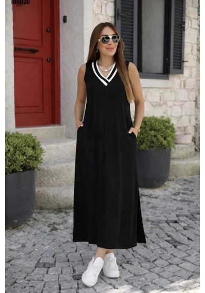 DefyModa Kadın Kolsuz V Ribana Yakalı Cepli Uzun Viskon Iki Iplik Elbise Siyah