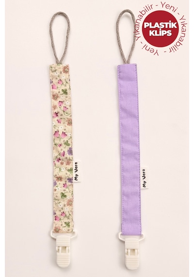 Bahar Çiçek Desenli Vizon - Lila - Plastik Klipsli Emzik Askısı Seti - 2'li Emzik Zinciri Seti