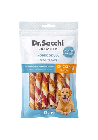 Dr.sacchi Premium Tavuk Sargılı Çift Renkli Sığır Derisi Burgu Çubuk Tahılsız Köpek Ödülü 5'' 10'lu 120 Gr