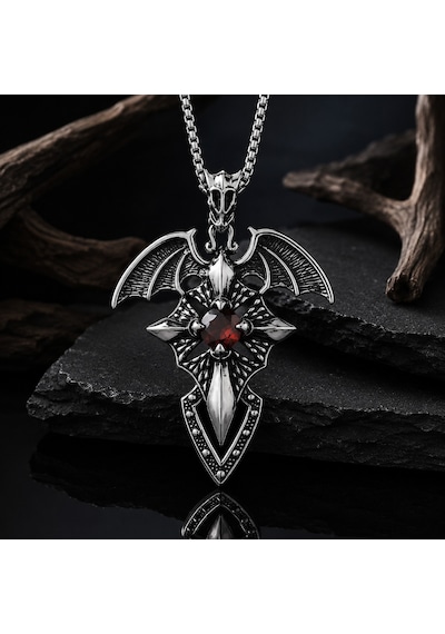 Paslanmaz Çelik Kırmızı Zirkon Taşlı Melek Kanat Stil Gotik Kadın Kolye