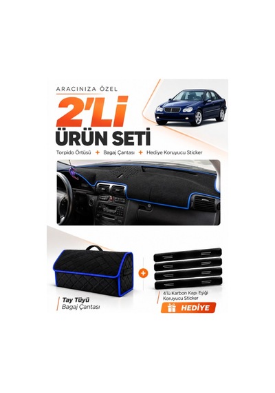 Mercedes W203 C-class 2000-2007 Uyumlu Torpido Örtüsü + Tay Tüyü Bagaj Çantası Seti - Siyah Mavi