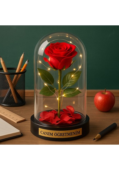 Canım Öğretmenim Temalı Öğretmene Hediye Led Işıklı Mika Fanus Kırmızı Yapma Solmayan Gül 20