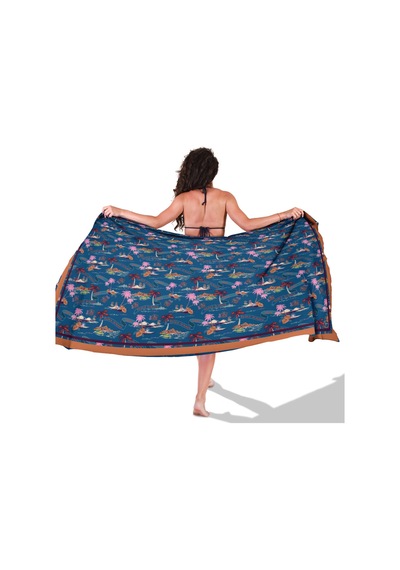 Retro Tropic Mavi Desen İç Göstermeyen Saten Pareo Çok Renkli