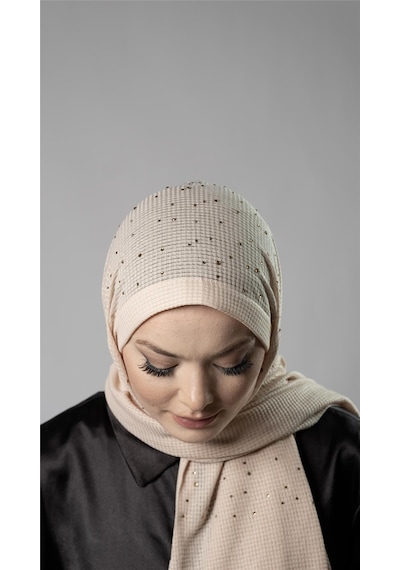 Hürrem Bone Bej Pratik Hazır Geçmeli Tesettür Şal Örme Kumaş Taş Desenli 2118t 12