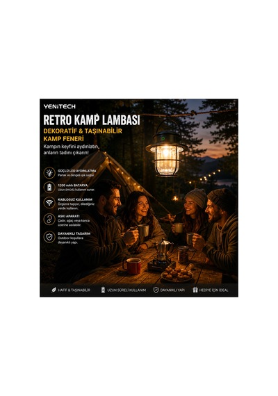 Şarjlı Kamp Lambası Led Gece Feneri Taşınabilir Balkon Piknik Kamp Feneri Askılı Kamp Feneri Siyah