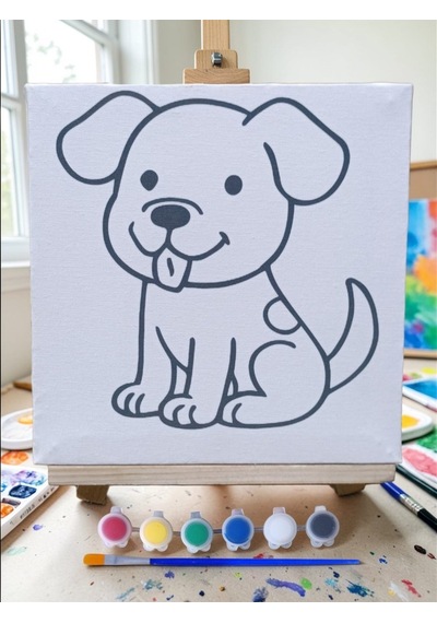 Çocuklar İçin Tuval Boyama Seti Sevimli Köpek 19x19 Cm Tuval, Şövale, Fırça Ve 6 Renk Akrilik Boya Seti