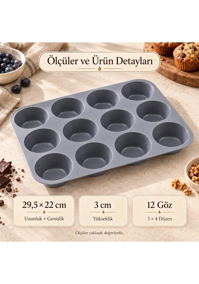 Tr 12'li Silikon Muffin Kalıbı Gri Cupcake Mini Kek Browni Kurabiye Tatlı Pişirme Tepsisi Esnek Tek Parça Yuvarlak Genel
