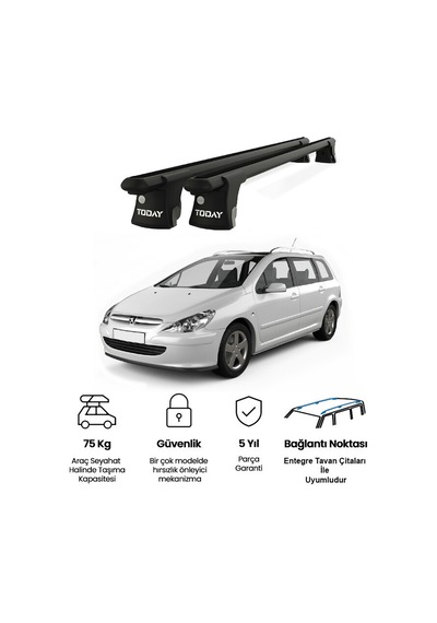 Trio-ı Peugeot 307 Kombi 2002-2007 Uyumlu Siyah Kilitli Ara Atkı 120cm Port Bagaj Tavan Barı