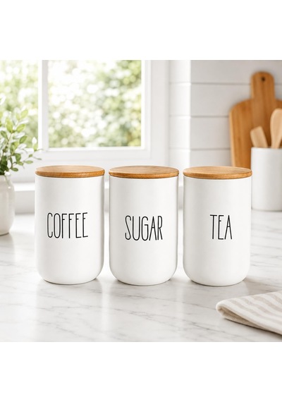 3'lü Bambu Kapaklı Seramik Saklama Kabı Seti, Her Biri 1000 Ml, Coffee Sugar Tea Yazılı Kahve Şeker Çay Kavanozu, Tezgâh Üstü Mutfak Düzenleyici Çok Renkli